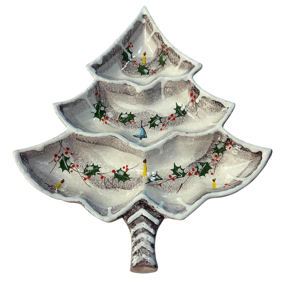 Italian Ceramic Christmas Tree Divided Serving Dish Hand Painted Italy‎ Holiday